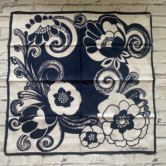 Monique Martin Navy Blue & White Square Scarf With Floral Design - Picture 2 of 5